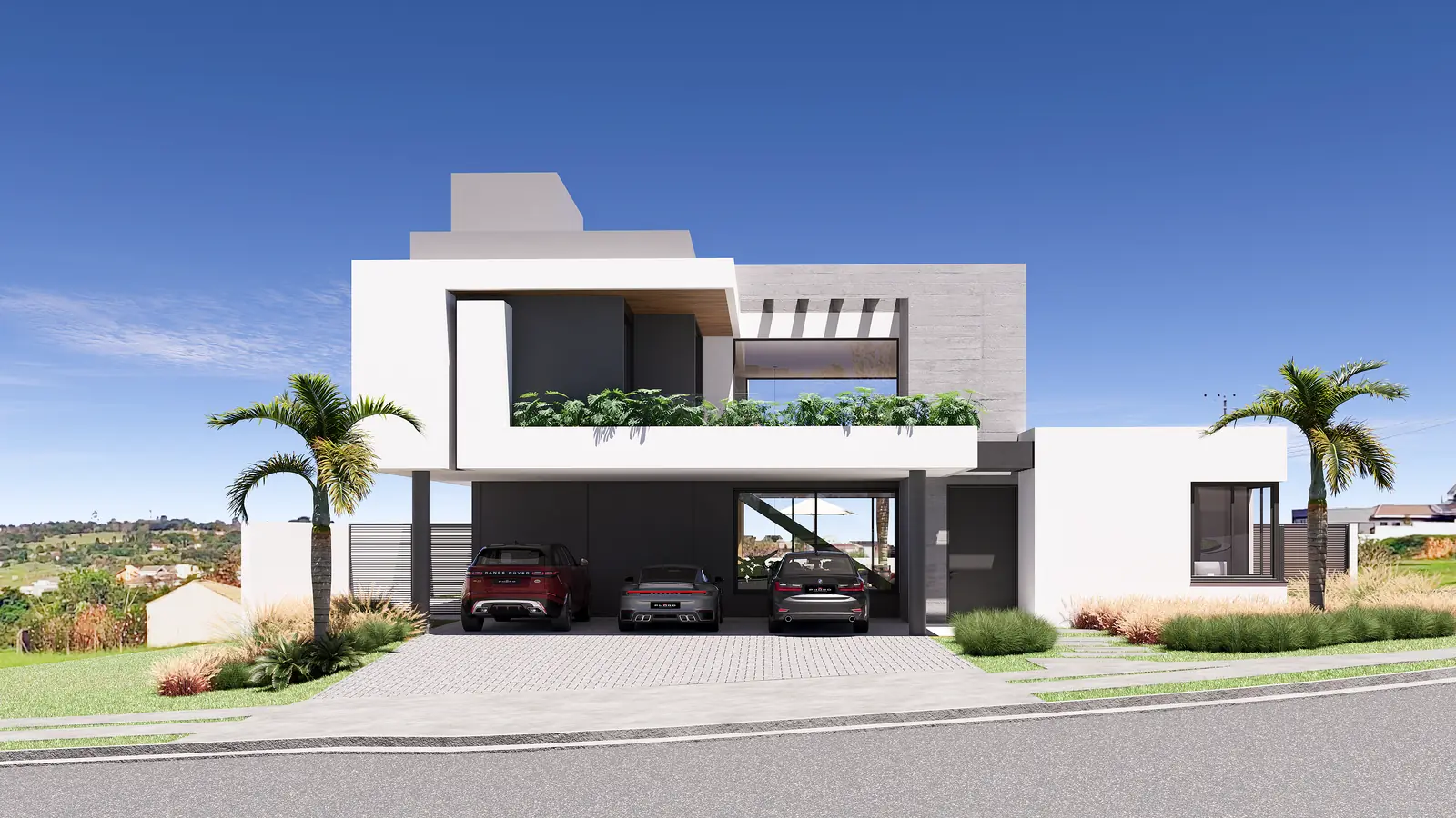 Fachada frontal da Residência NC no estudo 3D