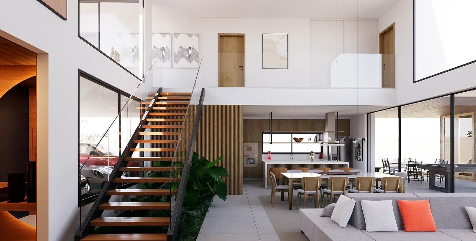 Sala com pé-direito duplo da Residência NC, imagem 3D